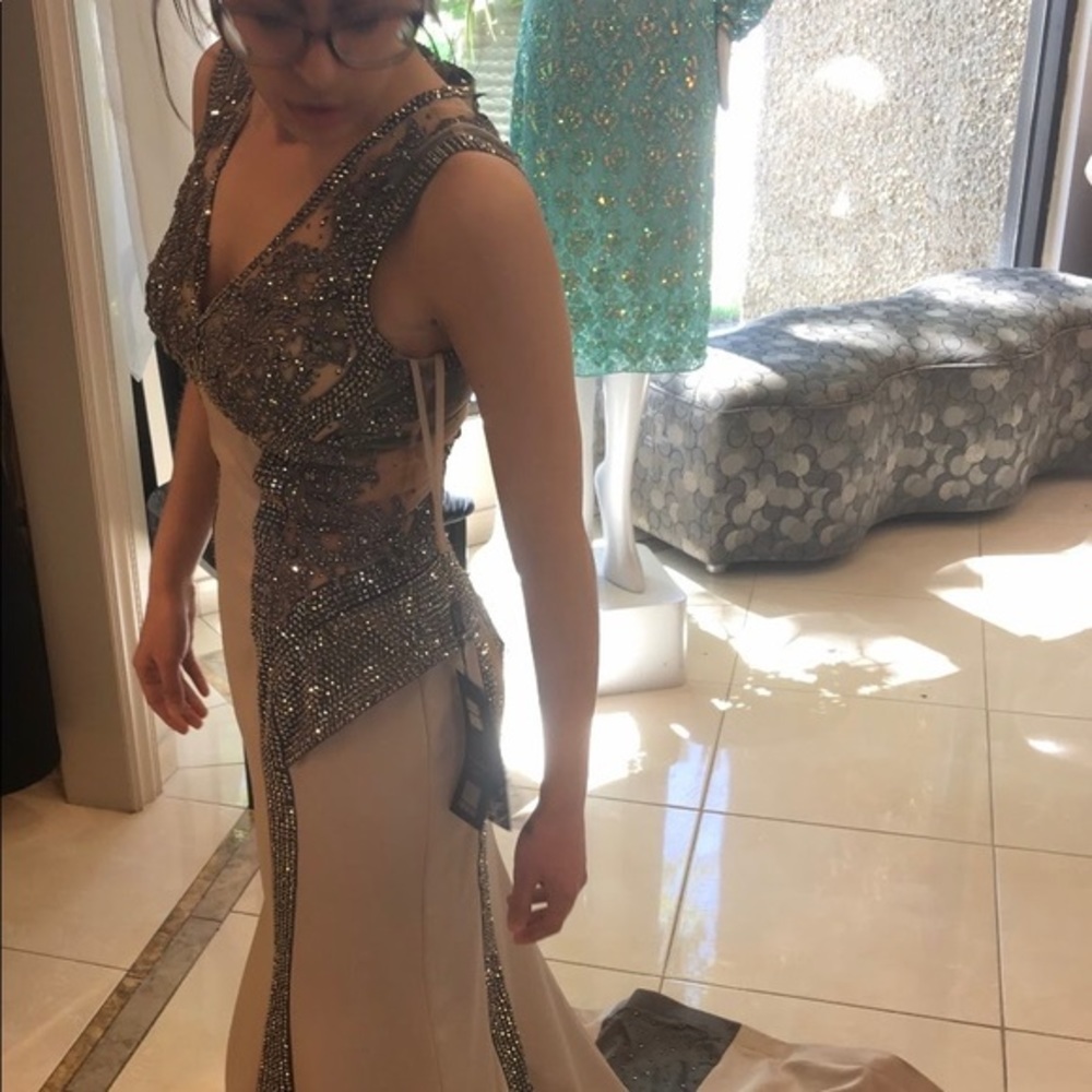 Short Sleeved Beige & Grey Gown